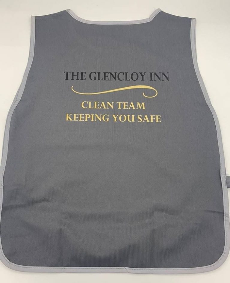 The Glencloy Inn Carnlough – Covid cleaning bibs Printed for the staff to ensure they are carrying out all the measures needed for a safe working enirnoment.